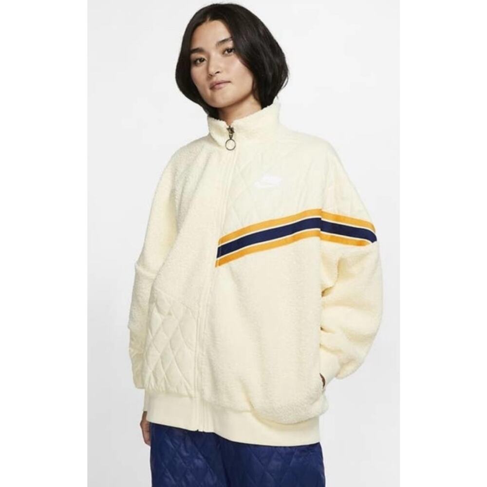 Nike Sherpa Loose Fit Oversized Full Zip Track Jacket Cream Women Sz XS - Picture 1 of 11